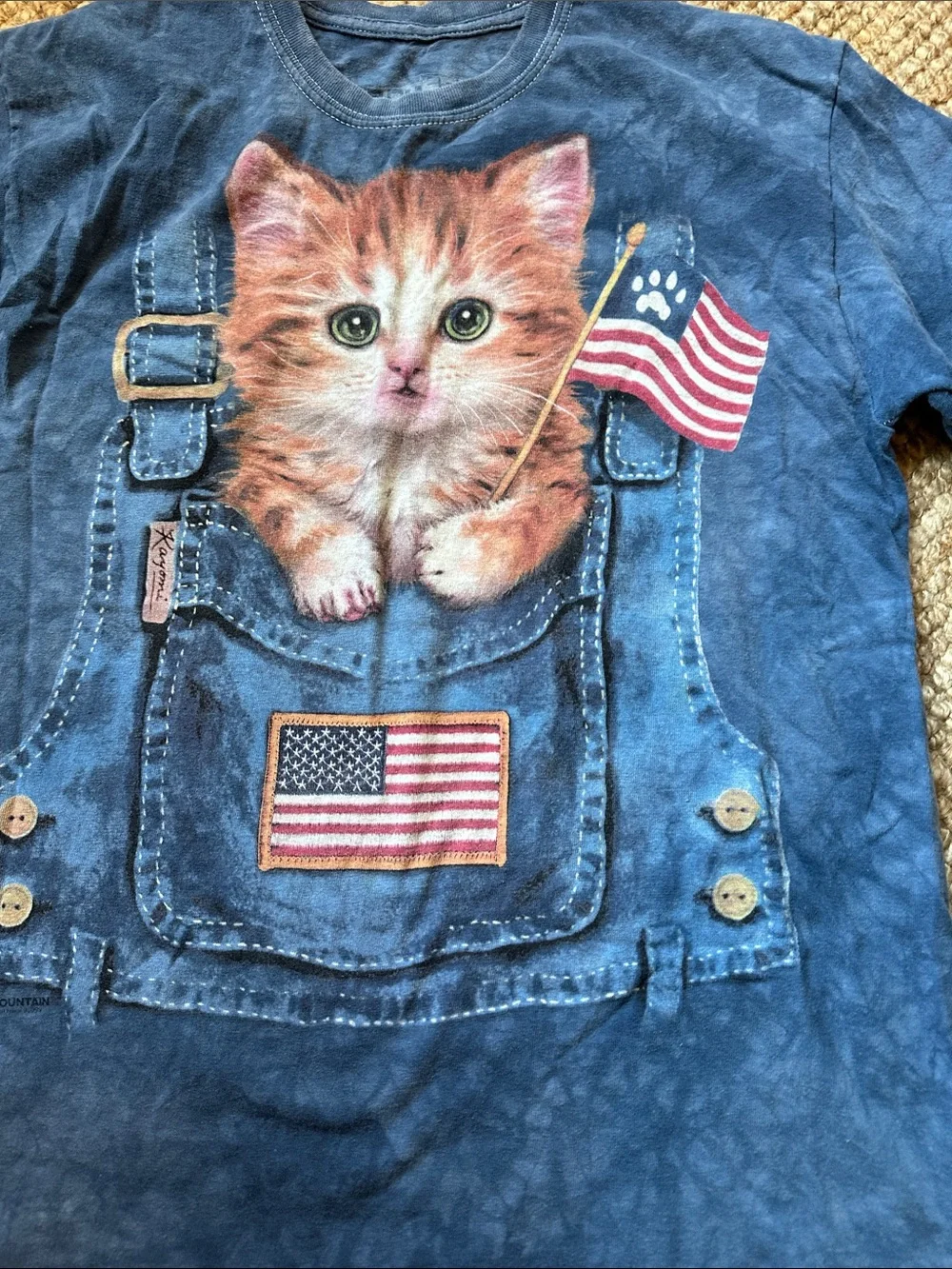 Novelty Kitten Pocket Tee with American Flag in Overalls